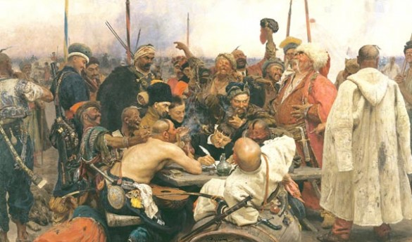 Guiliarovckiï (en rouge, riant) représenté par Repine dans Les Cosaques zaporogues écrivant une lettre au Sultan Mahmoud IV de Turquie