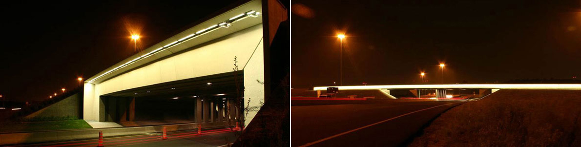 Le pont d’étagement de l’autoroute Félix-Leclerc (40) surplombant l’autoroute Duplessis (540), côté sud et côté nord, de nuit. Photo ministère des Transports du Québec